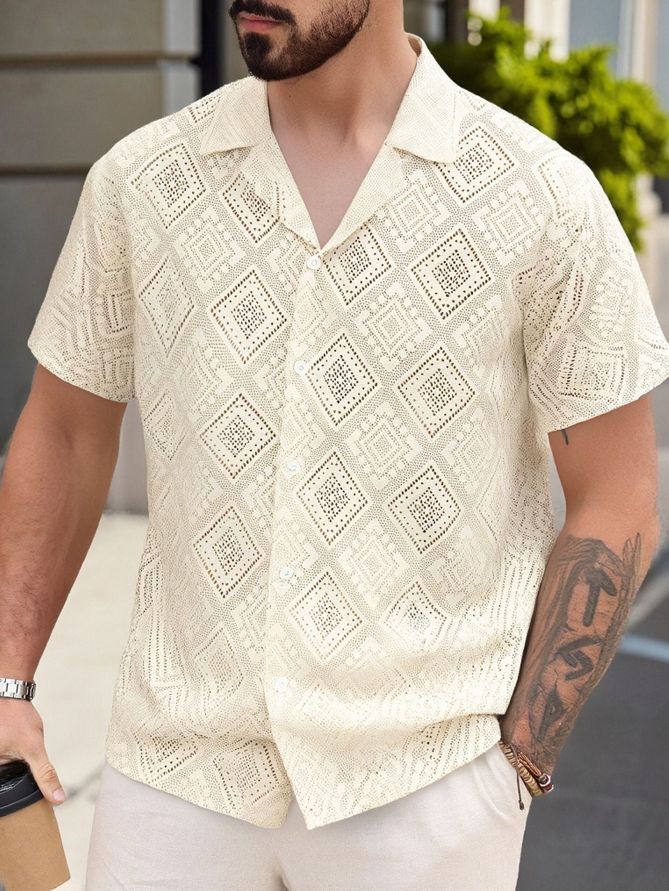 Hollowed-out Diamond Pattern Texture Casual Beige Shirt