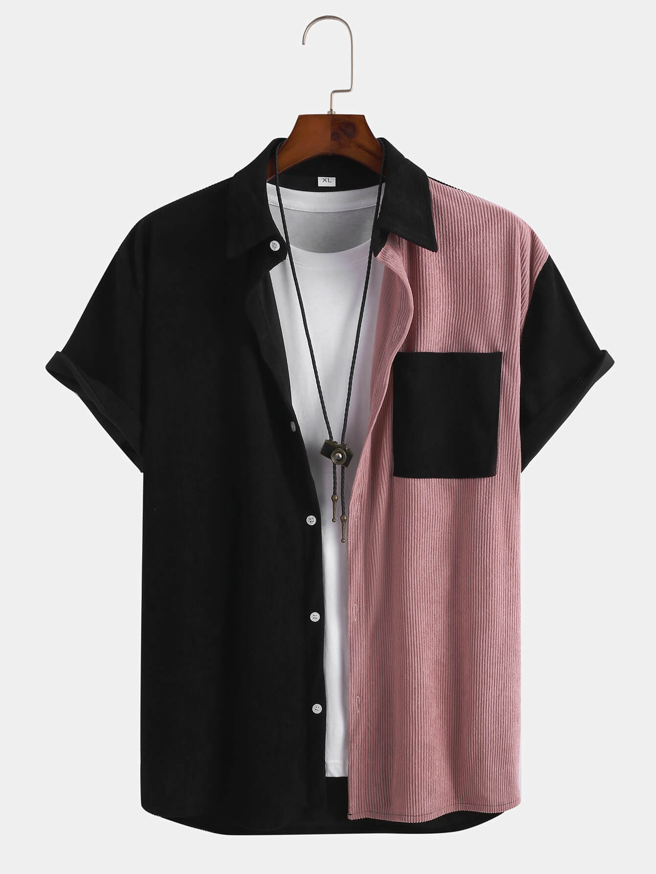 Mens Corduroy Patchwork Short Sleeve Button Up Collared Shirt