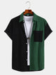 Mens Corduroy Patchwork Short Sleeve Button Up Collared Shirt