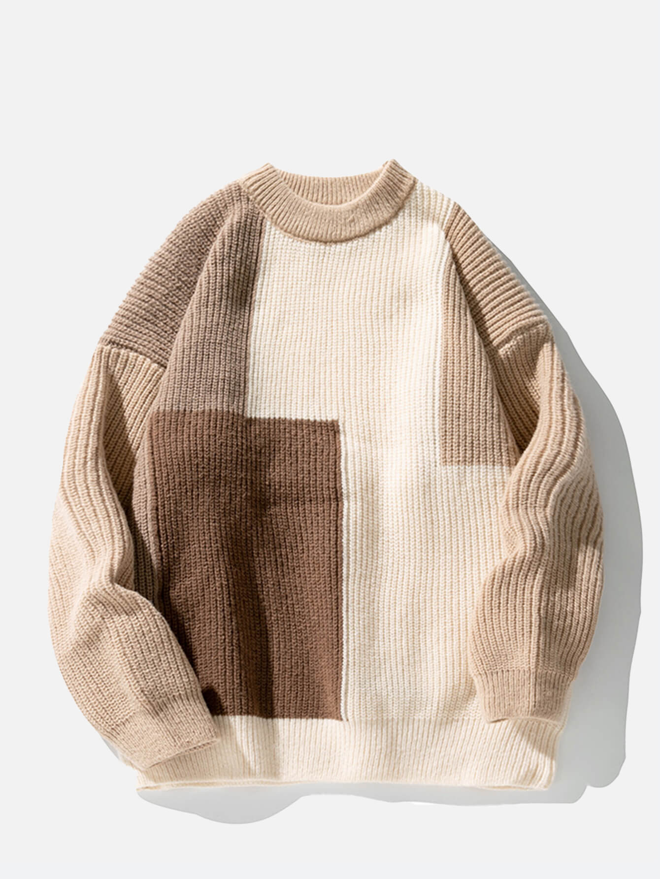 Casual Contrasting Color Knitted Texture Round Neck Sweatshirt