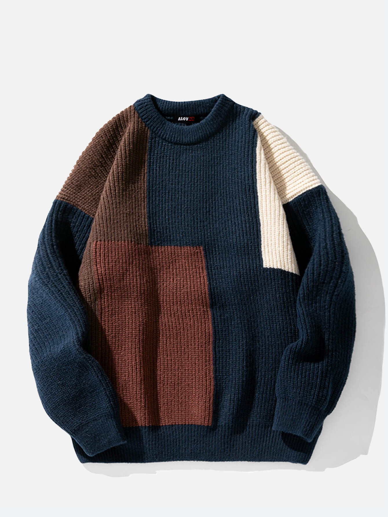 Casual Contrasting Color Knitted Texture Round Neck Sweatshirt