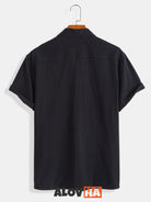 Casual Versatile Black Textured Short-Sleeve Shirt