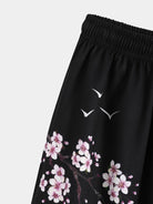 Chinese Characters Crane Sakura Pattern Two-Piece Cardigan Kimono with Shorts Set