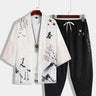 Chinese Characters Crane Sakura Pattern Two-Piece Cardigan Kimono with Shorts Set