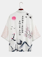 Chinese Characters Crane Sakura Pattern Two-Piece Cardigan Kimono with Shorts Set
