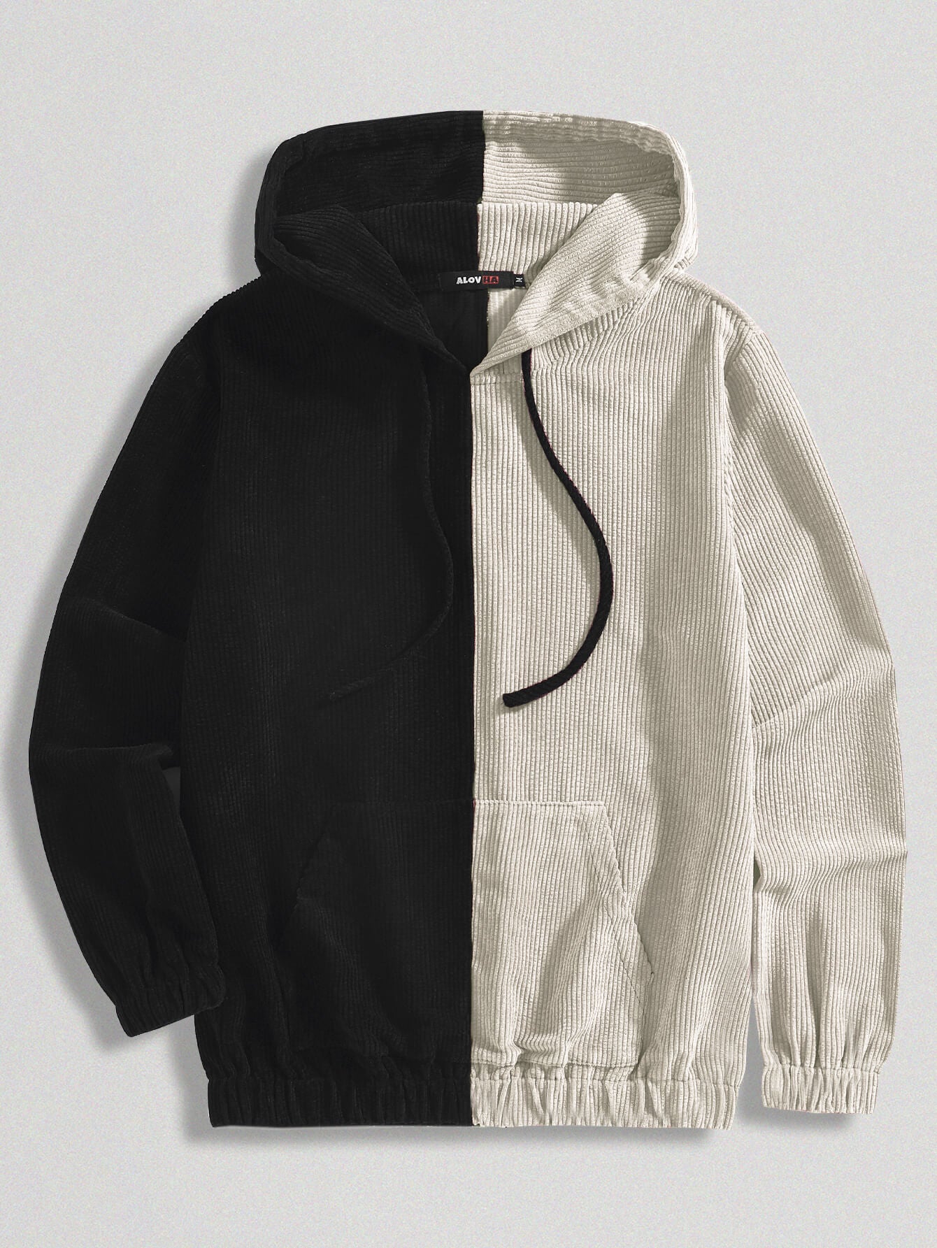 Corduroy Black And White Patchwork Pocket Hoodie