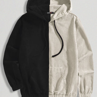Corduroy Black And White Patchwork Pocket Hoodie