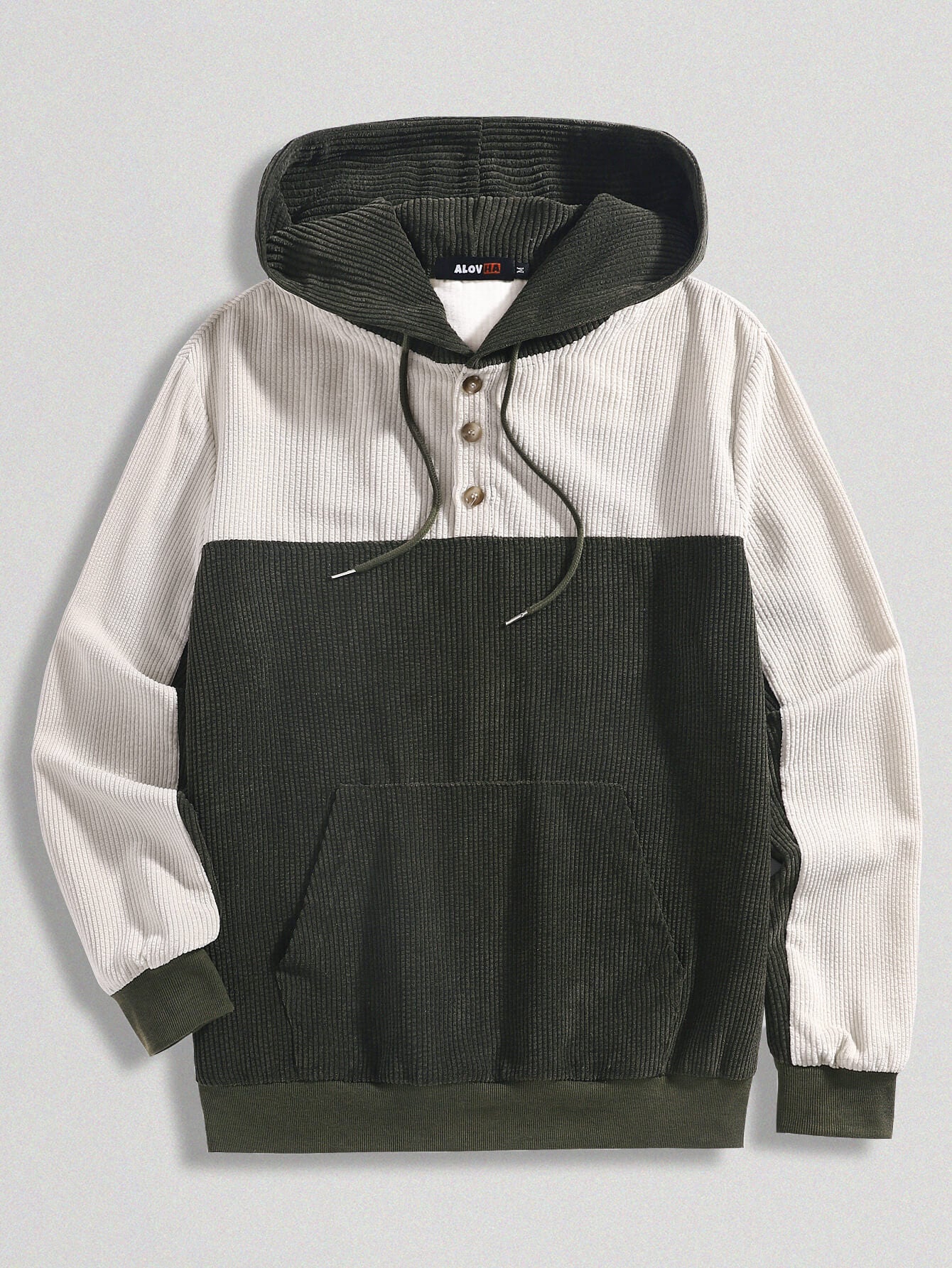 Corduroy Green And White Paneled Pocket Hoodie
