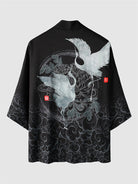 Mens Crane Printed Open Front Kimono with Shorts Set