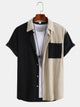 Mens Corduroy Patchwork Short Sleeve Button Up Collared Shirt