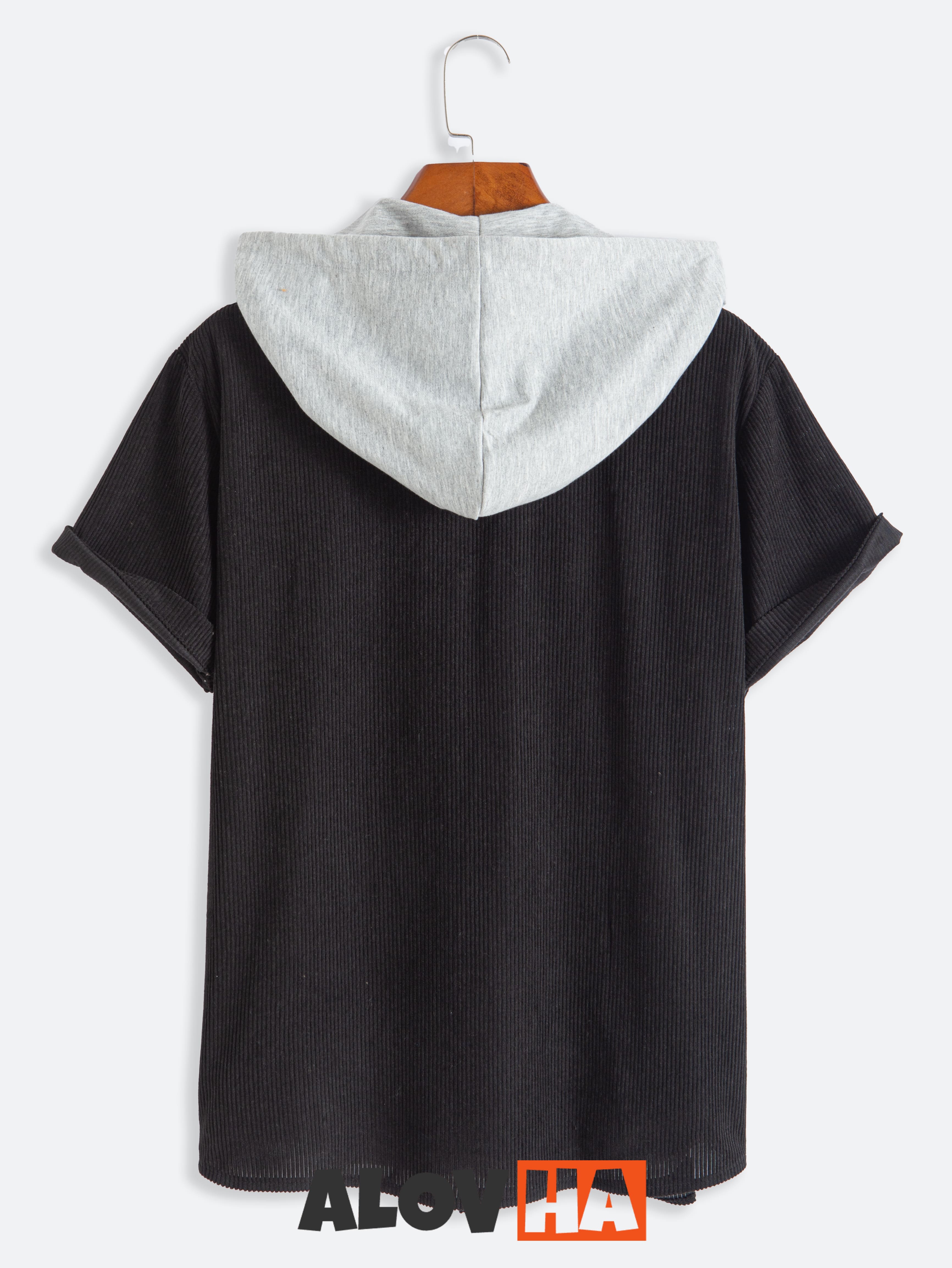 Men's Corduroy Black And Pink Patchwork Short Sleeve Button-Up Hoodie