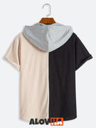 Men's Corduroy Black And White Patchwork Short Sleeve Hoodie