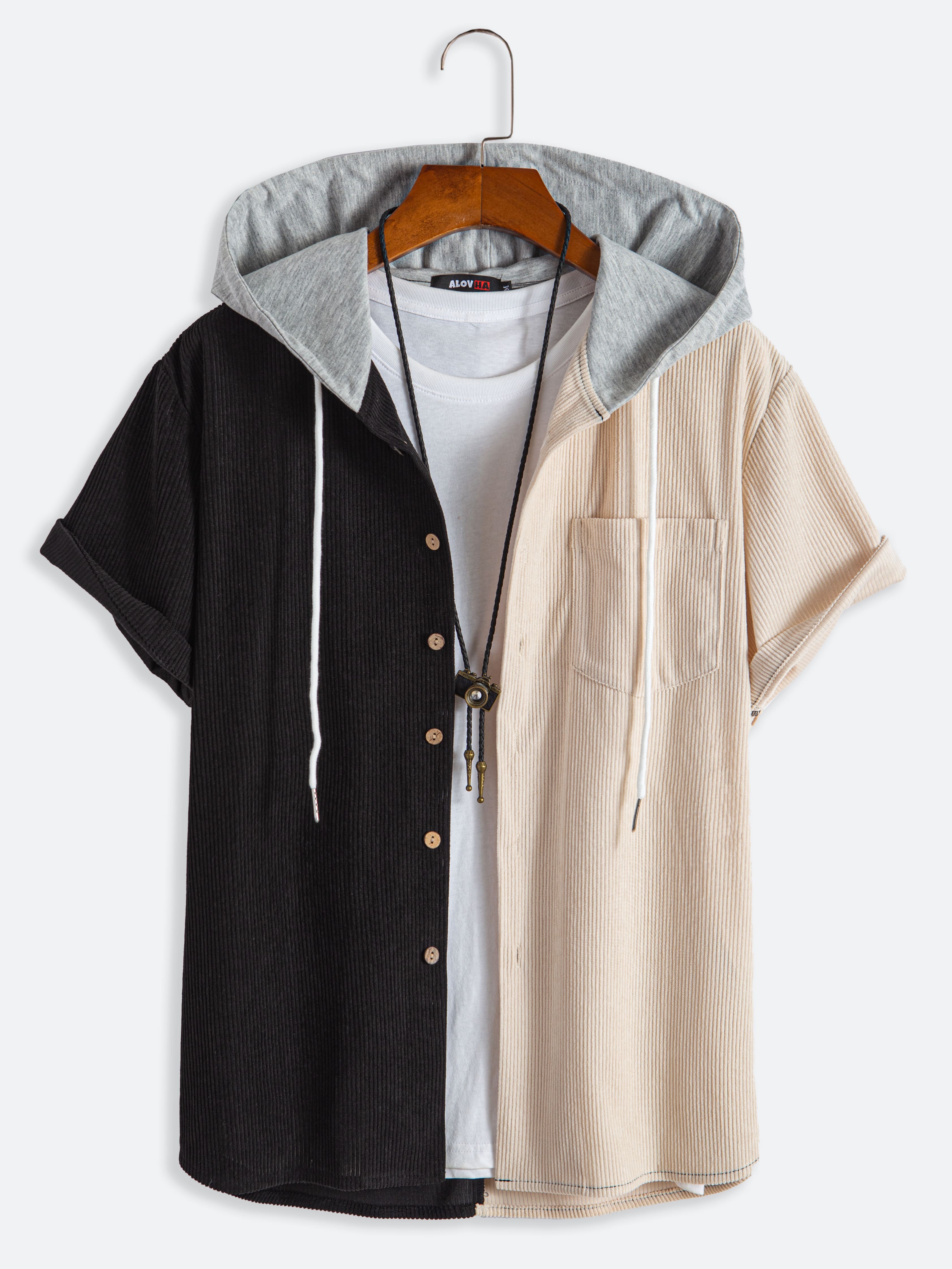 Men's Corduroy Black And White Patchwork Short Sleeve Hoodie