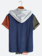 Men's Corduroy Contrast Patchwork Short Sleeve Button-Up Hoodie