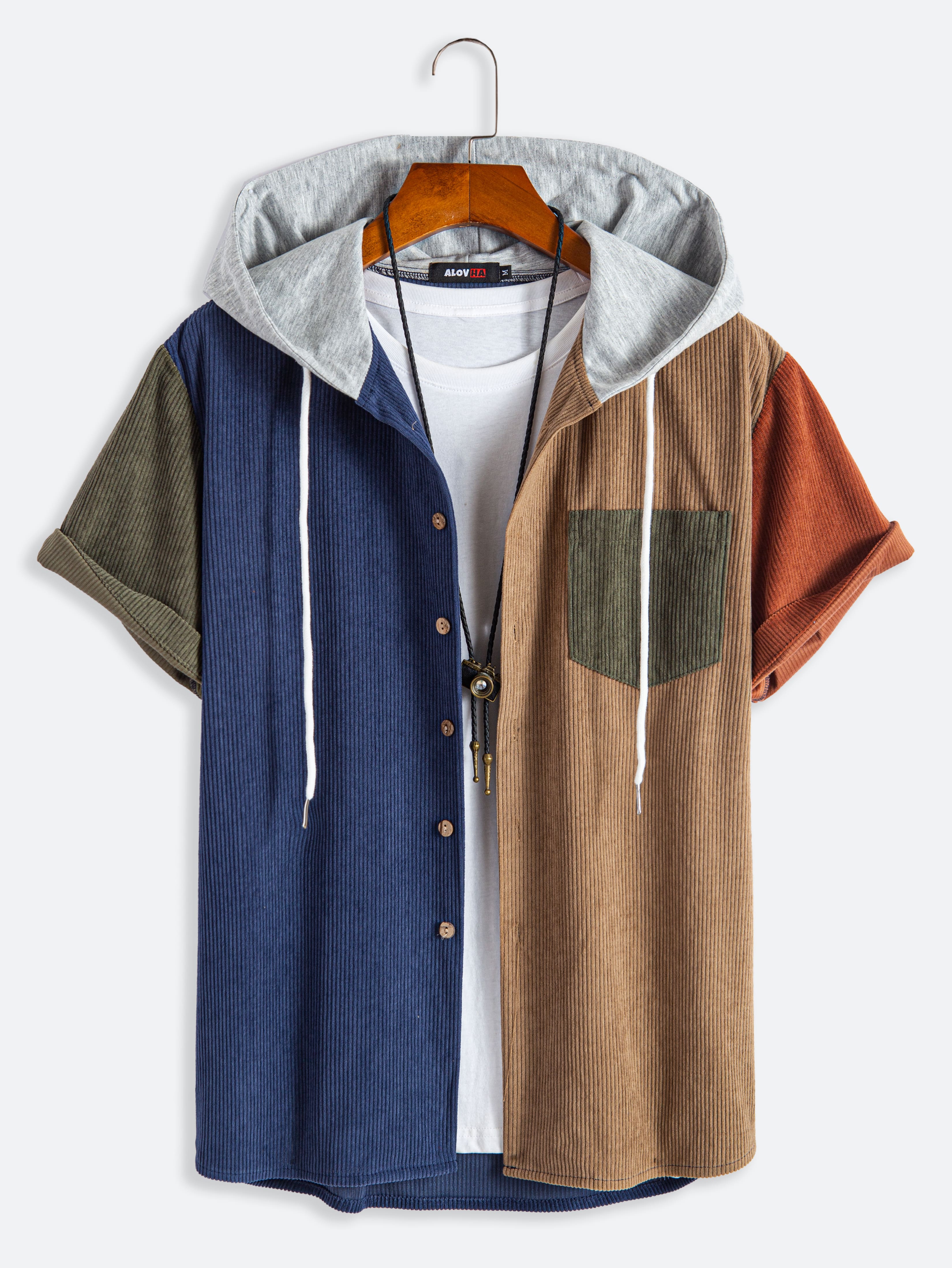 Men's Corduroy Contrast Patchwork Short Sleeve Button-Up Hoodie