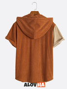 Men's Corduroy Paneled Short Sleeve Button Up Hoodie