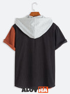 Men's Corduroy Patchwork Short Sleeve Button Up  Hoodie
