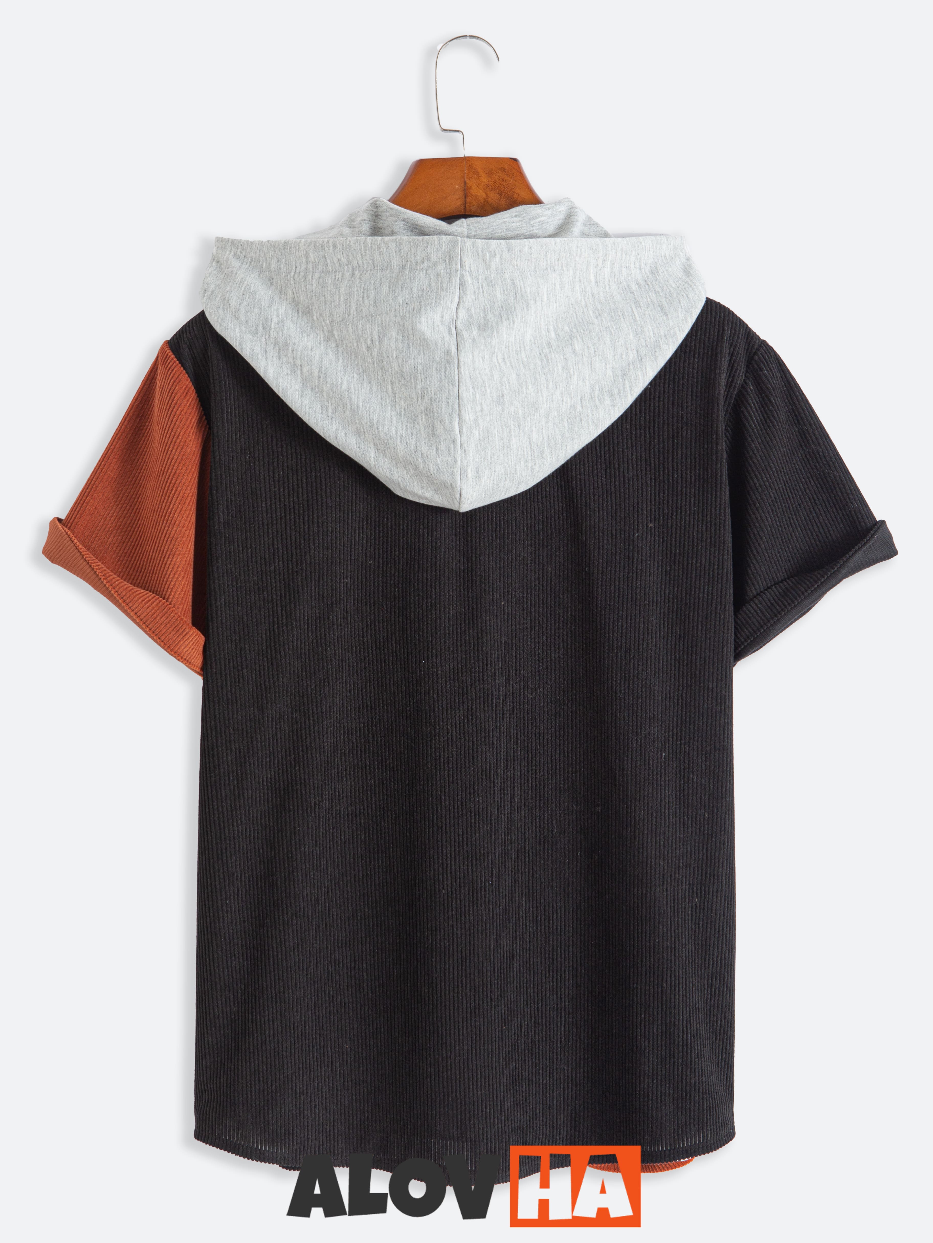 Men's Corduroy Patchwork Short Sleeve Button Up  Hoodie