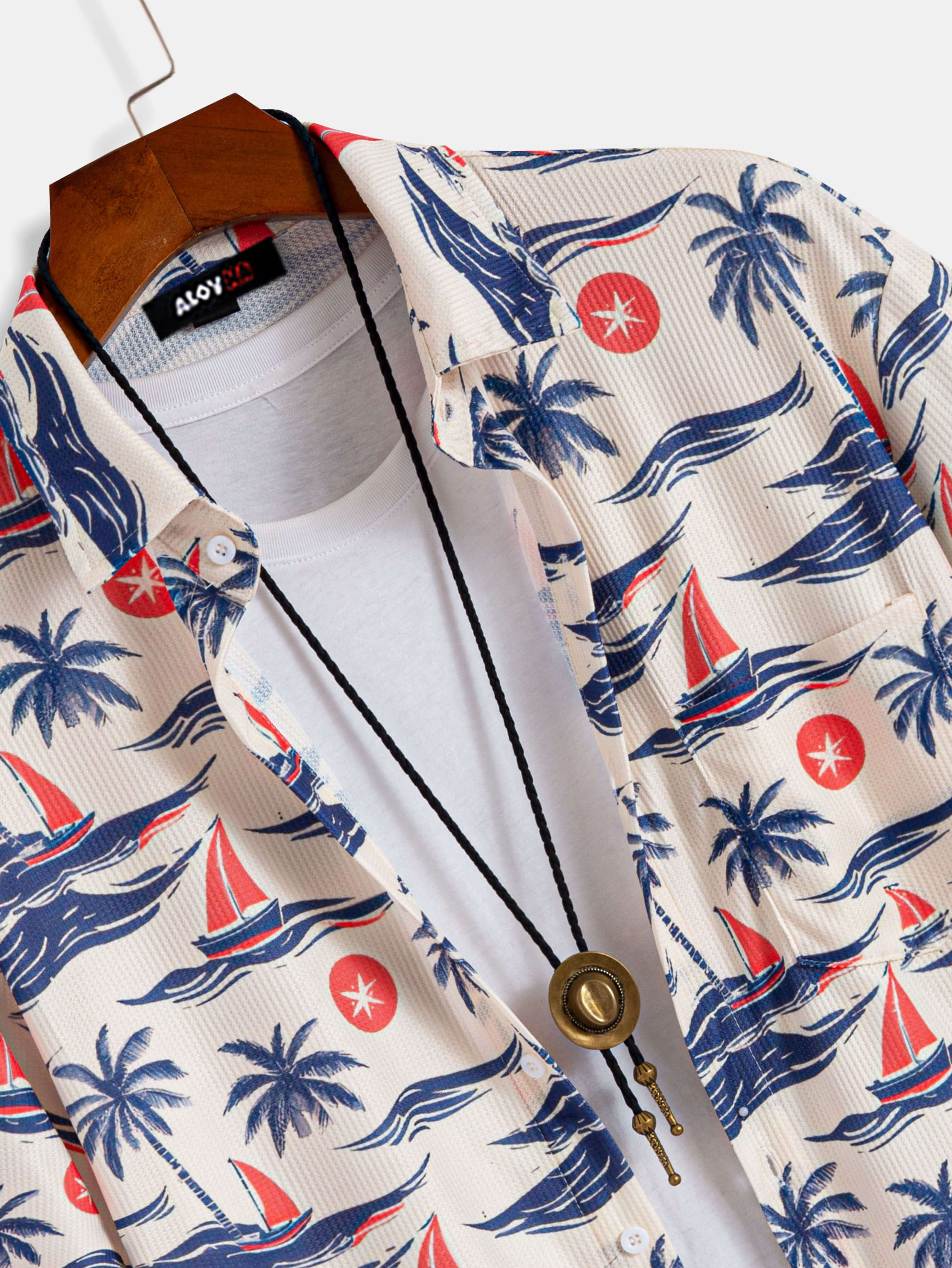 Men's Hawaiian Shirt Beach Boat Short Sleeve Waffle Textured Shirt