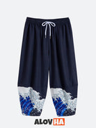 Mens Kimono Sea Waves Print Traditional Japanese Attire Silky Kimono and Pants Set