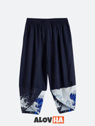 Mens Kimono Sea Waves Print Traditional Japanese Attire Silky Kimono and Pants Set