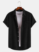 Mens Soft Corduroy Pocket Shirt Short Sleeve Solid Top