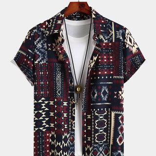 Mens Vintage Ethnic Aztec Print Totem Short Sleeve Button Shirt