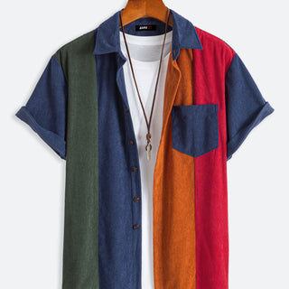Mens Vintage Striped Patchwork Short Sleeve Button Up Shirt