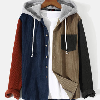 New Contrast Corduroy Patchwork Button Hoodie
