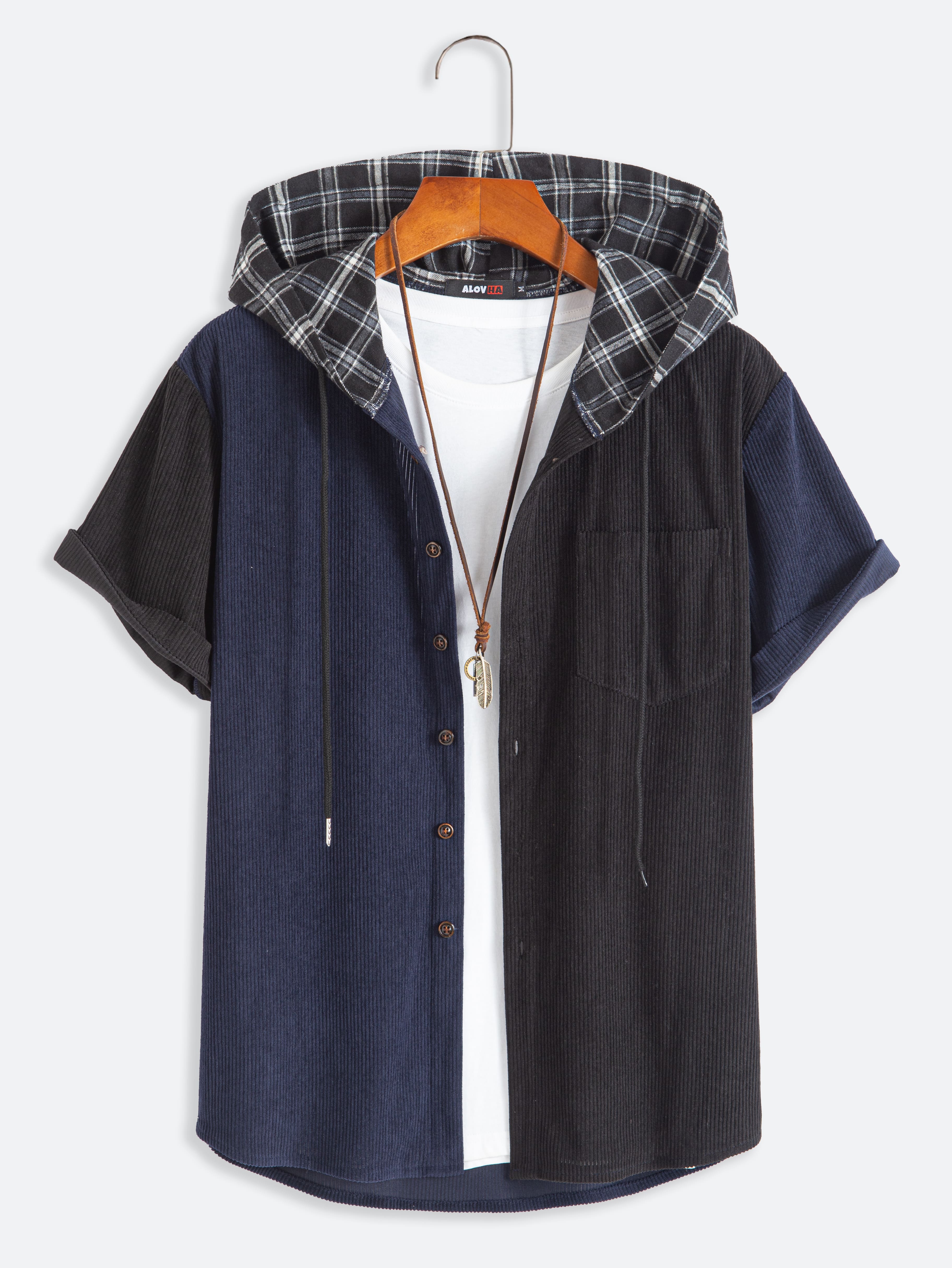 New Men's Corduroy Patchwork Short Sleeve Button Up Hoodie