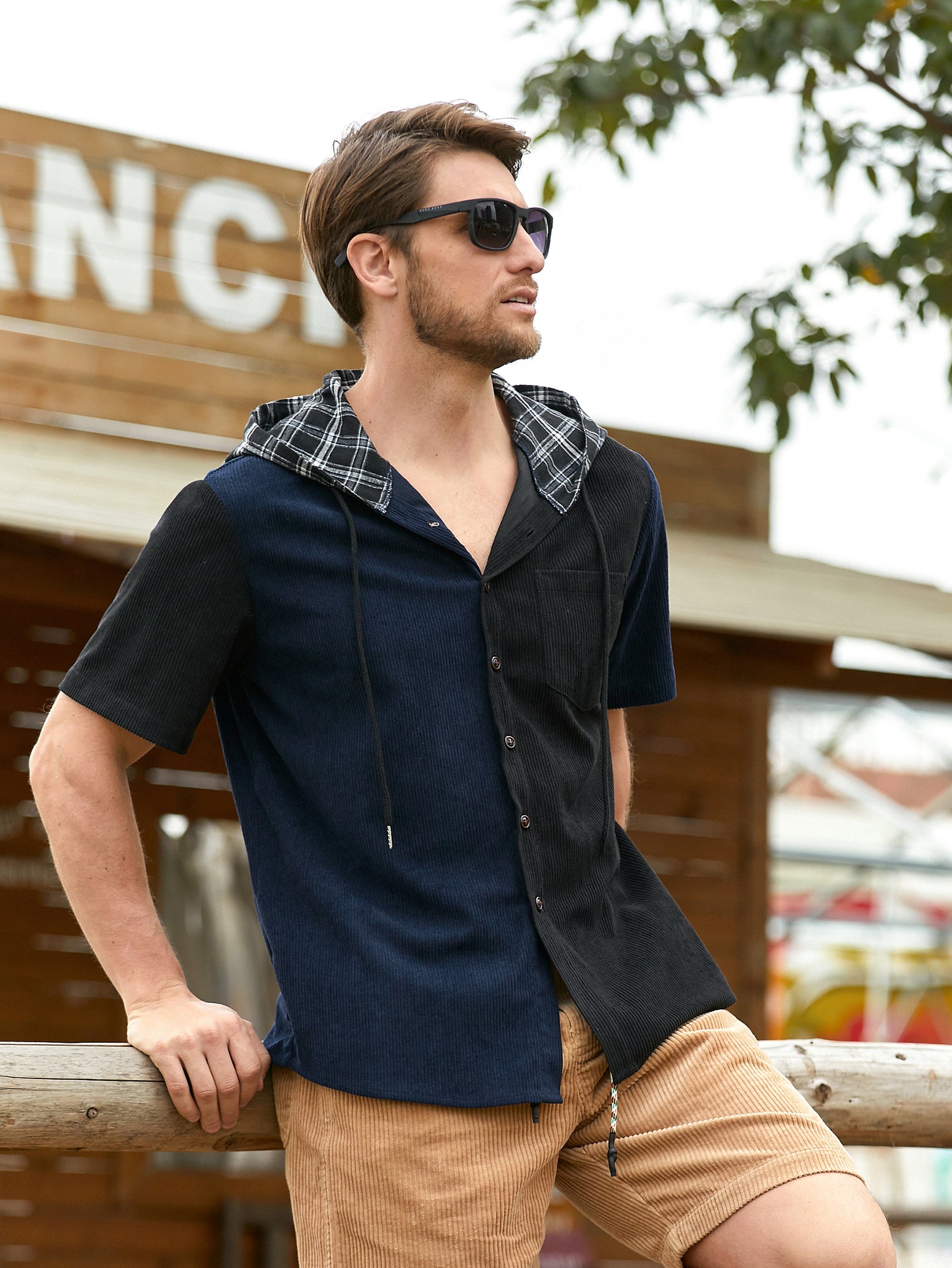 New Men's Corduroy Patchwork Short Sleeve Button Up Hoodie