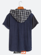 New Men's Corduroy Patchwork Short Sleeve Button Up Hoodie