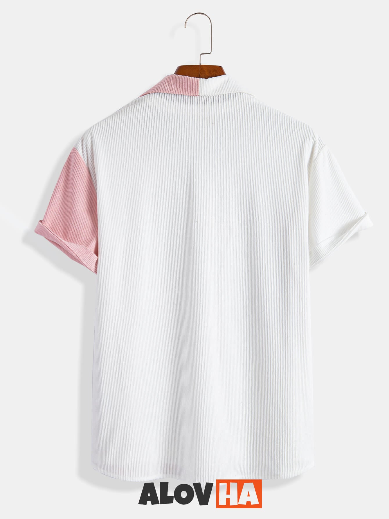 New Pink and White Patchwork Corduroy Button-Up Shirt