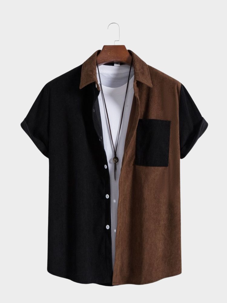 Paneled Corduroy Lapel Striped Shirt