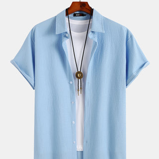 Texture Solid Lapel Button Up Casual Shirt