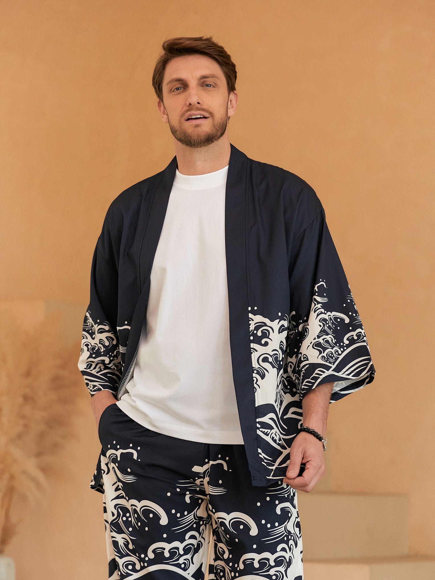 Two-Piece Kimono Set With Wave Element Print
