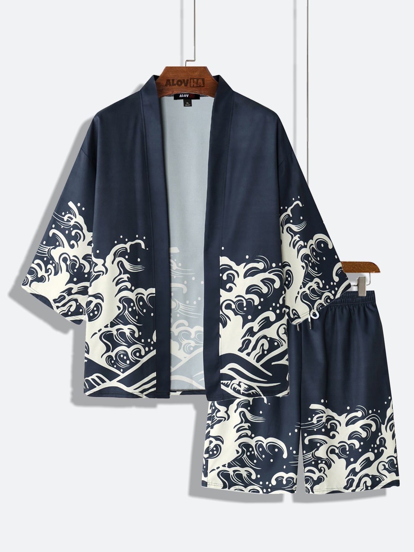 Two-Piece Kimono Set With Wave Element Print