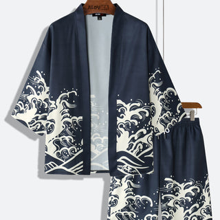 Two-Piece Kimono Set With Wave Element Print