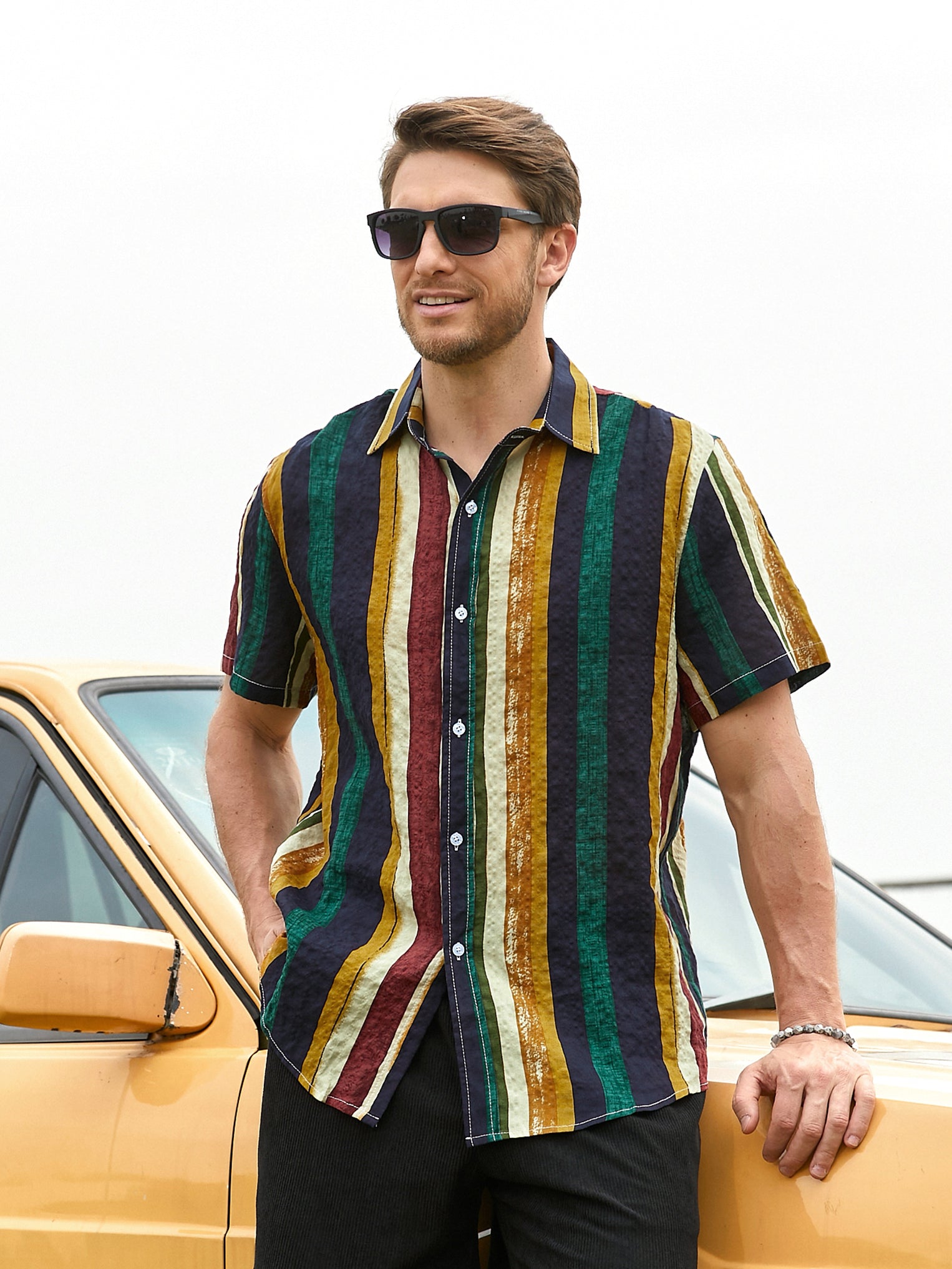 Men's 1970s Retro Striped Collared Shirt – Alovha Men's 1970s Retro Striped Collared Shirt – Alovha