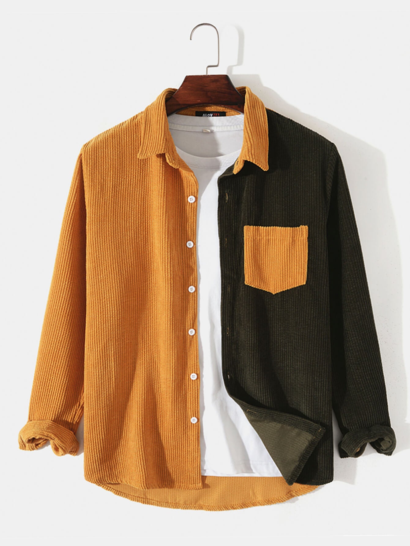 Mens Corduroy Shirt Color Block Panel Stitching Casual Long Sleeve Shirts  Premium Men Clothing Brown S