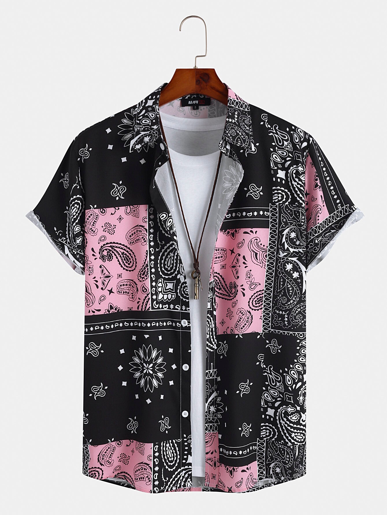 Camisa Masculina Paisley Floral Estampada Estilo Étnico Retrô Manga Curta Botão